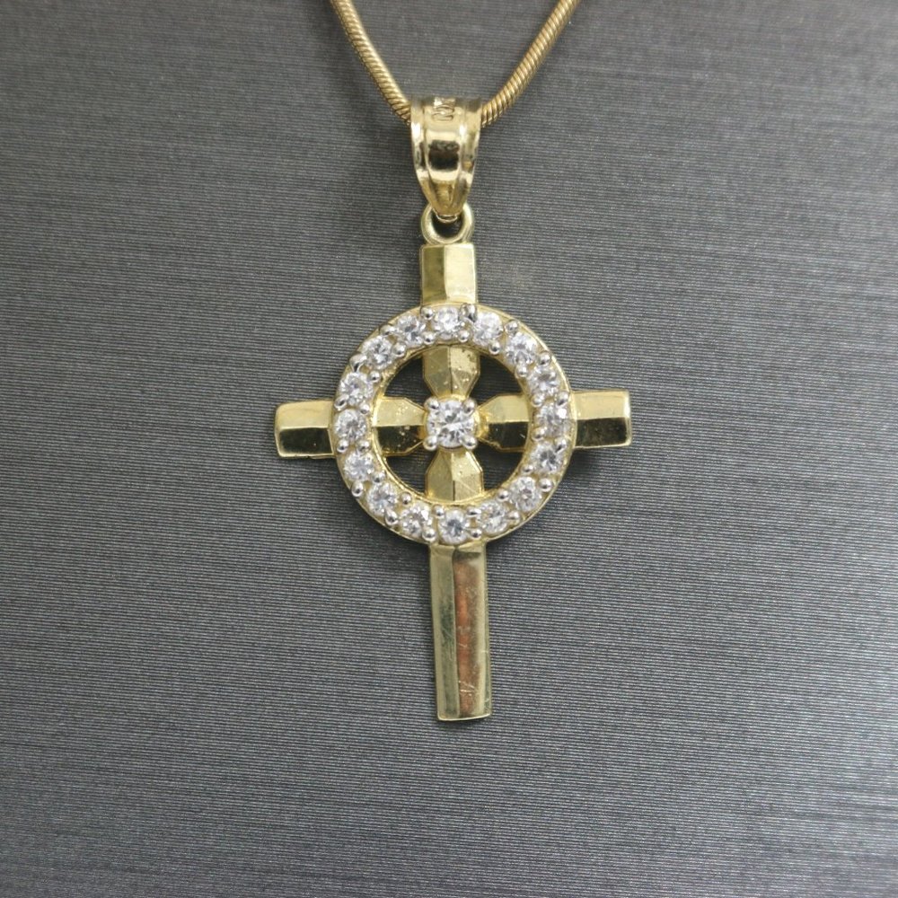 14kt White Sapphire Circle Cross Pendant with 14kt Hollow Snake Chain